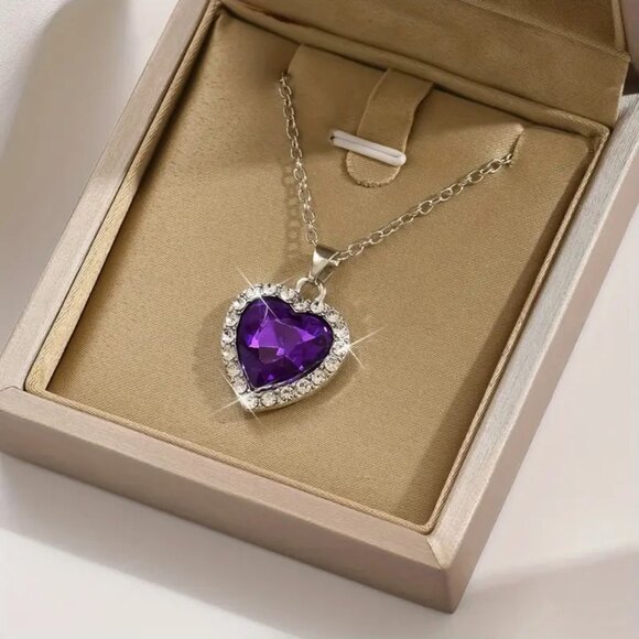 Unbranded Jewelry - 4/20 Purple Heart Pendant Necklace Elegant Rhinestone